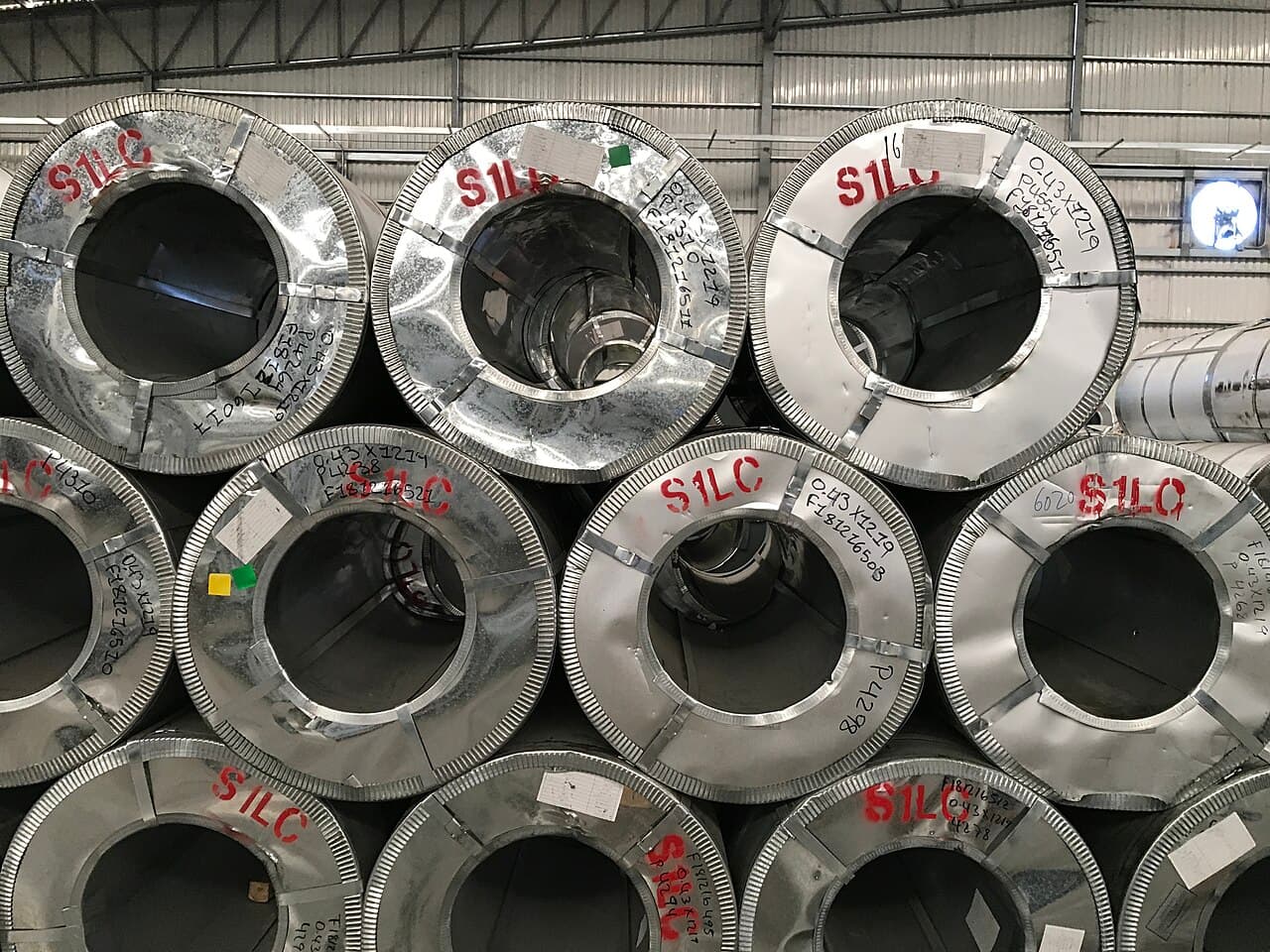 Galvanised steel coils in the dispatch warehouse